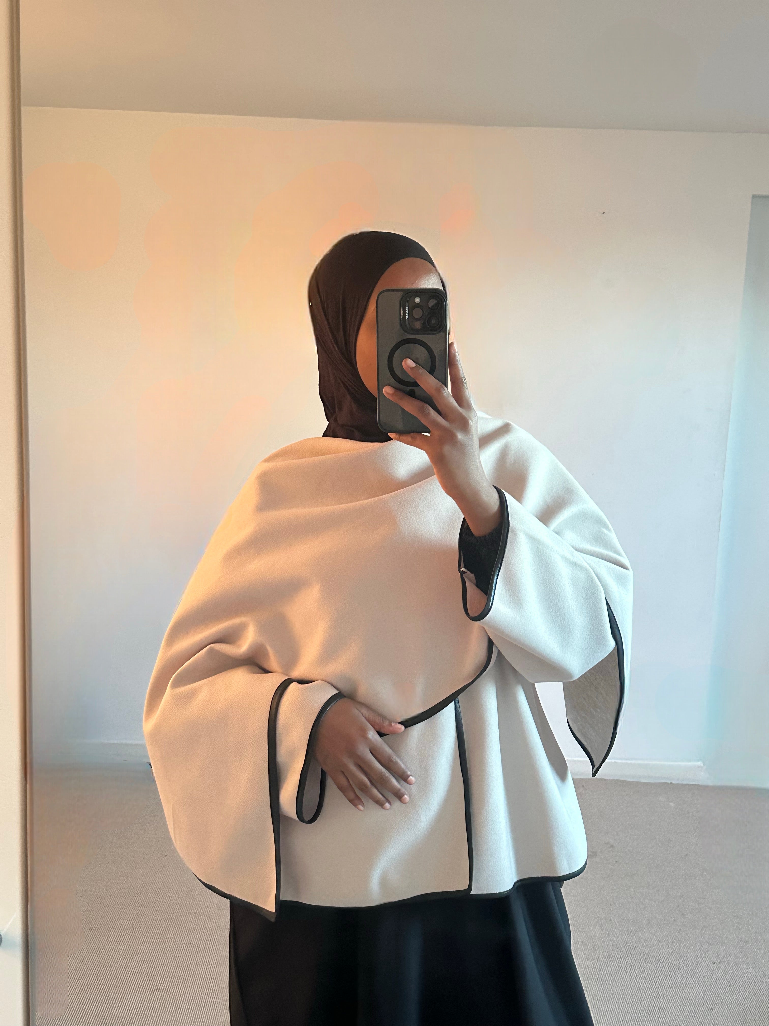 Leather trimmed Coat with Scarf
