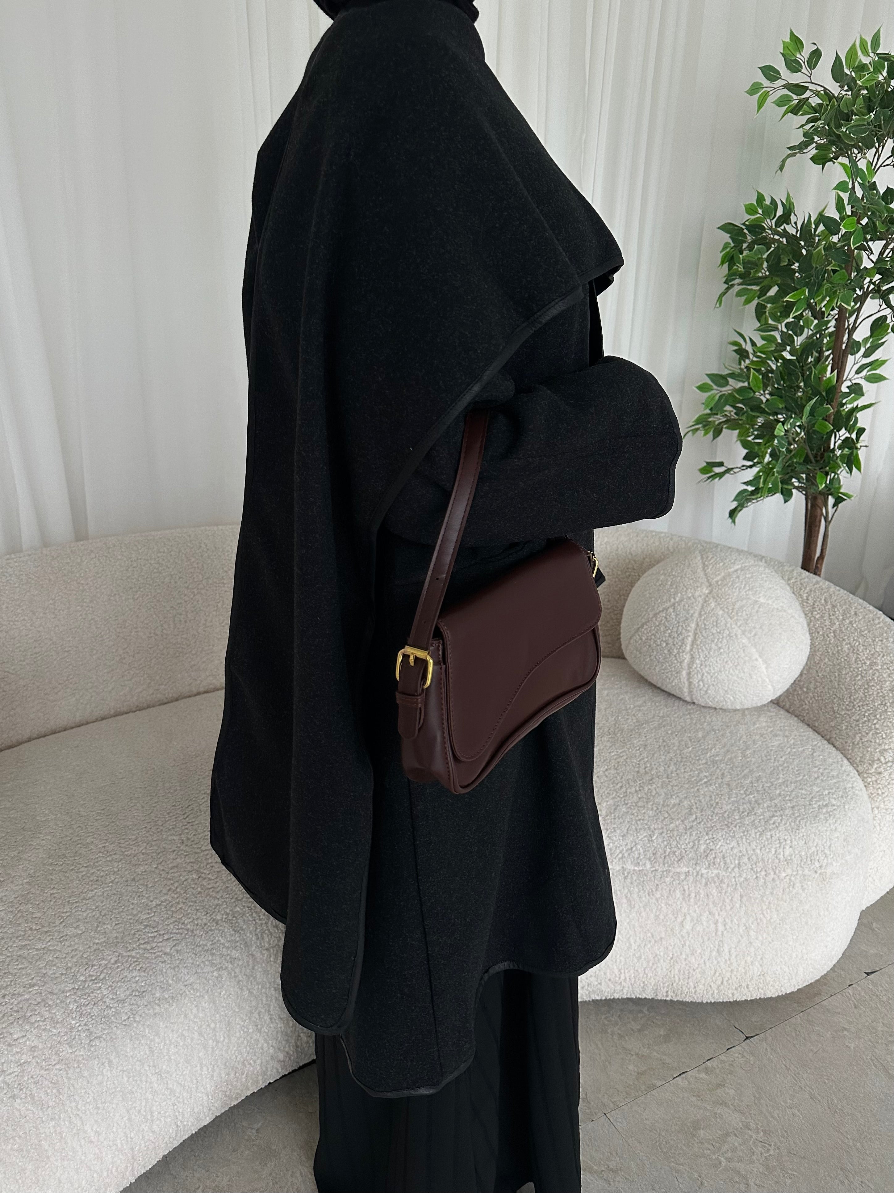 Leather trimmed coat with scarf